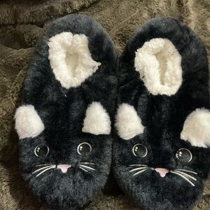Black Cat Plush Slipper Shoes with White Accents